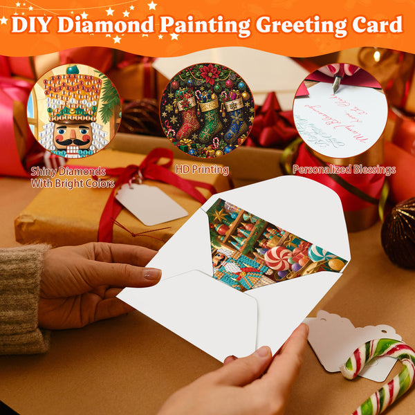 DIY diamond painting greeting card shown in a festive holiday setting, with hands holding an open white envelope that reveals a colorful printed card insert. The top of the image has an orange banner reading 'DIY Diamond Painting Greeting Card' with three circular feature callouts: 'Shiny Diamonds With Bright Colors,' 'HD Printing,' and 'Personalized Blessings.