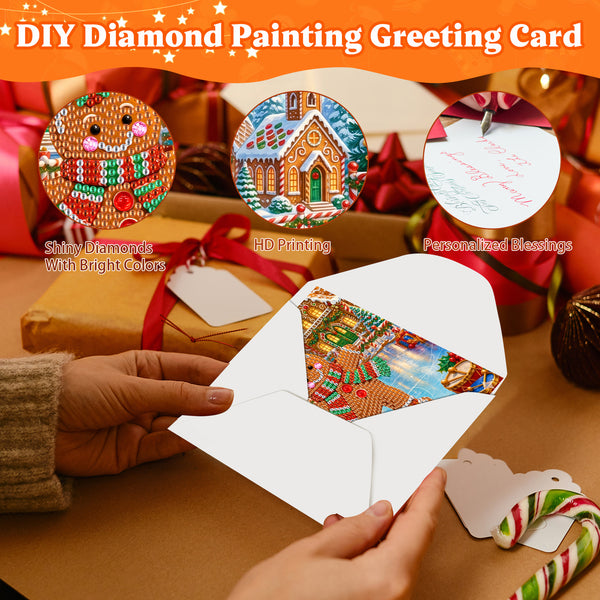 DIY diamond painting greeting card set shown with a white envelope containing a colorful holiday village design, hands holding it, wrapped gifts, candy canes, and promotional text highlighting bright colors, HD printing, and personalized blessings.