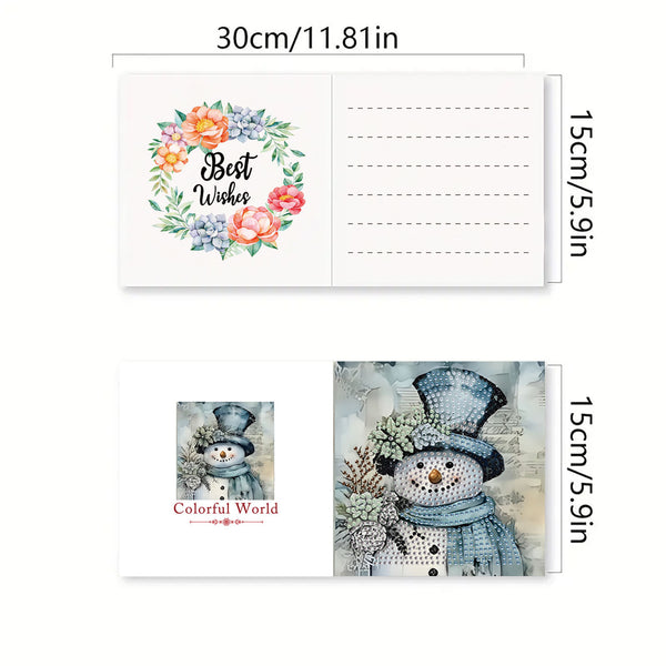A product diagram showing two views of a square greeting card or postcard set with dimensions labeled: a top view with a floral 'Best Wishes' wreath and lined writing area, and a bottom view with a snowman illustration and the text 'Colorful World.'.