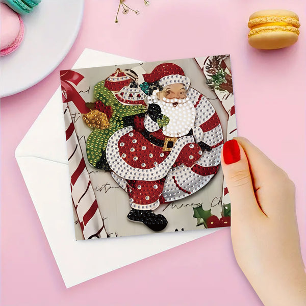 A hand with red nail polish holds a square Christmas greeting card featuring a glittery Santa Claus illustration, layered over a white envelope on a pink background with macarons and a small gold coin.