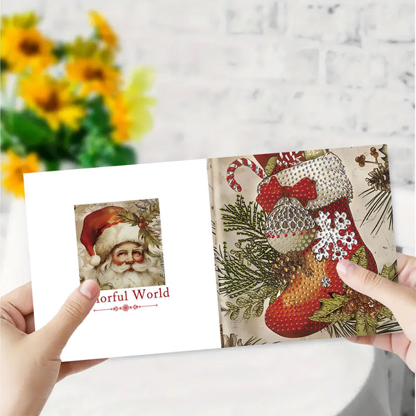 A person holds open a Christmas-themed greeting card or booklet. The left page shows a portrait of Santa with the text 'Colorful World,' and the right page features a festive stocking design with candy canes, pine branches, and snowflake accents.