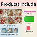 Product bundle graphic showing a Christmas-themed greeting card set with six different holiday designs, a pink pen, a green tray, and a pink clay glue stick, labeled with text 'Products include' and item counts.