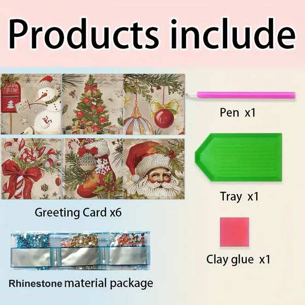 Product bundle graphic showing a Christmas-themed greeting card set with six different holiday designs, a pink pen, a green tray, and a pink clay glue stick, labeled with text 'Products include' and item counts.