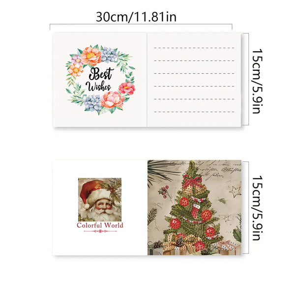 A set of two Christmas-themed postcards shown with dimension labels. The top postcard has a floral wreath and 'Best Wishes' text on the left with lined writing space on the right.