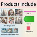 Product bundle graphic titled 'Products include' showing six Christmas-themed greeting cards, a pink pen, a green tray, a pink clay glue stick, and a rhinestone material package on a pale background.