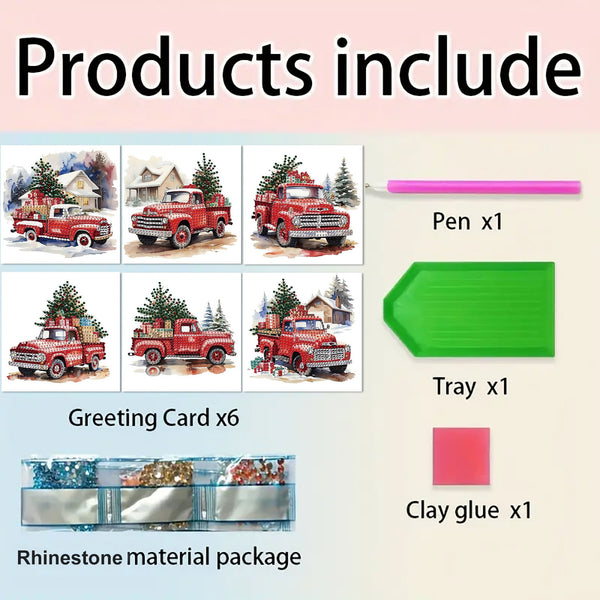 Product inclusion graphic showing a Christmas-themed greeting card set with six red vintage trucks carrying Christmas trees, a pink pen, a green tag, clay glue, and a rhinestone material package on a light beige background.