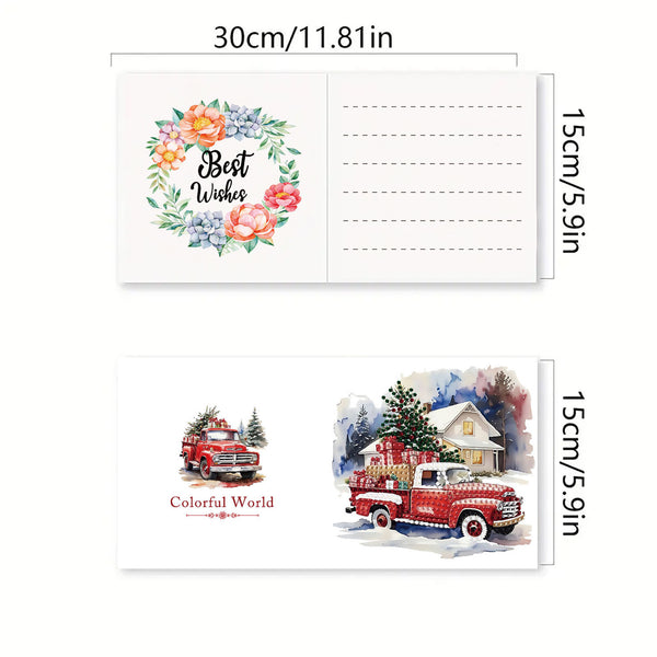 A product layout showing a Christmas-themed writing card set with dimensions. The top card features a floral wreath with 'Best Wishes' and lined writing space, while the bottom card shows two watercolor illustrations of red fire trucks carrying Christmas trees with 'Colorful World' text.