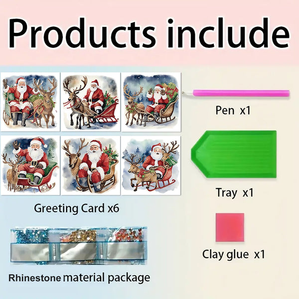 Product listing graphic showing a Christmas-themed craft kit with six Santa Claus and reindeer greeting cards, a pink pen, a green tray, clay glue, and a rhinestone material package, all labeled on a light pastel background under the heading 'Products include'.
