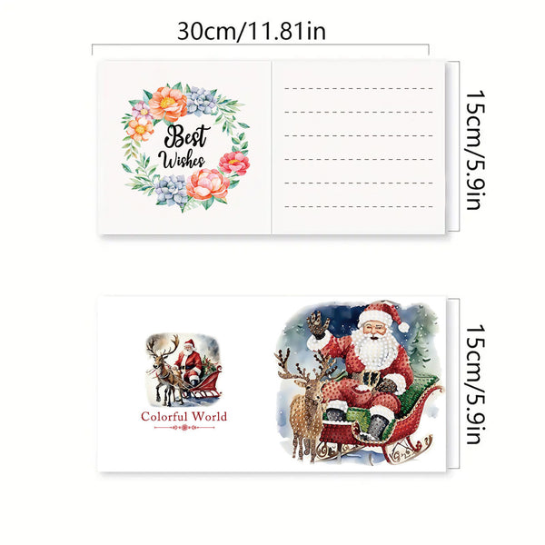 Measurement chart showing dimensions of greeting cards with floral design, Santa Claus, and reindeer.