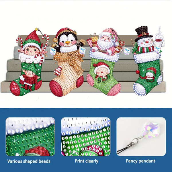 Four Christmas-themed beaded stockings displayed on a gray bench, each decorated with colorful rhinestones and topped with a dangling crystal pendant. Three close-up inset panels at the bottom show details: various shaped beads, clear printed patterns, and a faceted crystal pendant.