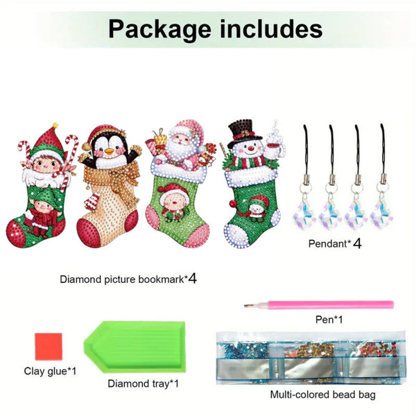 Package contents graphic for a Christmas-themed diamond painting kit, showing four decorated Christmas stockings, four hanging pendants, a pen, clay glue, a green diamond tray, and a multi-colored bead bag under the heading 'Package includes'.