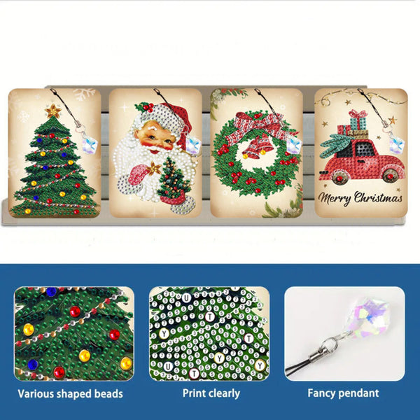 Four Christmas-themed diamond painting canvas designs displayed on a stand, featuring a green Christmas tree, Santa Claus, a green wreath with ornaments, and a red pickup truck with 'Merry Christmas' text. Below, three inset images show close-ups of the colorful beads, clear print quality, and a hanging pendant.