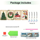 Package contents graphic showing Christmas-themed diamond painting picture bookmarks, four hanging pendants, a pen, clay glue, a green diamond tray, and a multi-colored bead bag under the heading 'Package includes'.