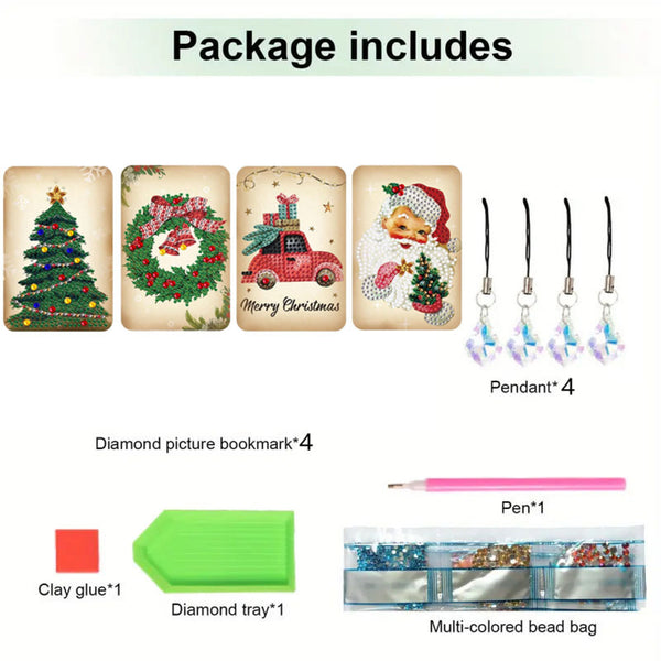 Package contents graphic showing Christmas-themed diamond painting picture bookmarks, four hanging pendants, a pen, clay glue, a green diamond tray, and a multi-colored bead bag under the heading 'Package includes'.