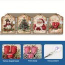 A set of four Christmas-themed hanging wall panels with vintage-style beige backgrounds, shown on a white background above a blue feature panel. The panels depict a snowman, a Christmas tree, Santa Claus, and red candles.