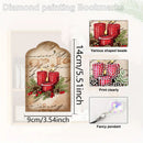 A diamond painting bookmarks kit featuring a decorative arched panel with a red candle, green foliage, and beige script background, shown with dimension labels of 14cm by 9cm. Inset photos show various shaped beads, clear print examples, and a dangling pendant.