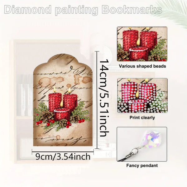 A diamond painting bookmarks kit featuring a decorative arched panel with a red candle, green foliage, and beige script background, shown with dimension labels of 14cm by 9cm. Inset photos show various shaped beads, clear print examples, and a dangling pendant.