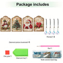 Package contents display for a Christmas-themed diamond painting kit, featuring four arched picture bookmarks with festive illustrations (snowman, Christmas tree, Santa, and holiday letter), four hanging pendants with blue rhinestones, a green diamond tray, a pink pen, a square of clay glue, and a multi-colored bead bag.