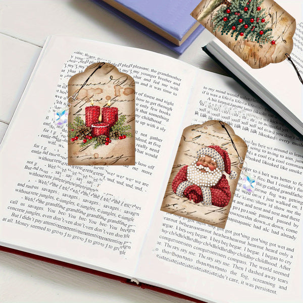 Two decorative paper bookmarks styled as rustic wood slices with red berries and pearl-like beads, placed on an open book with printed text. A small blue-and-white flower and a folded wood slice are also visible in the scene.