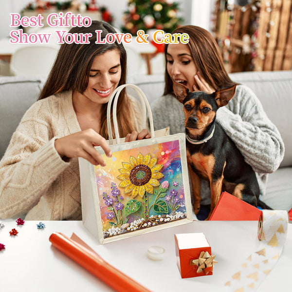 A woman presents a colorful diamond painting gift bag featuring a sunflower design, while another woman holds a small black and tan dog on a couch in a cozy living room setting. The text overlay reads 'Best Giftto Show Your Love & Care'.