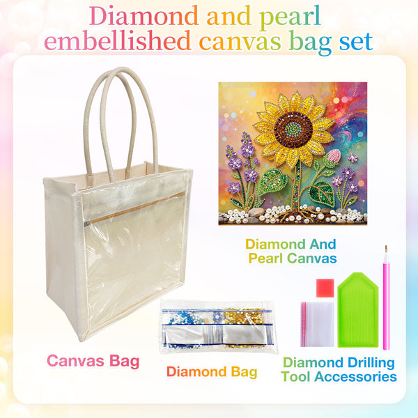 A diamond and pearl embellished canvas bag set shown on a pastel gradient background. The set includes a clear canvas tote bag with cream handles, a colorful diamond painting canvas featuring a sunflower and flowers, a small diamond bag, and diamond drilling tool accessories.