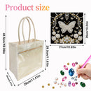 Product size chart with a tote bag, diamond painting design, and diamond stickers.