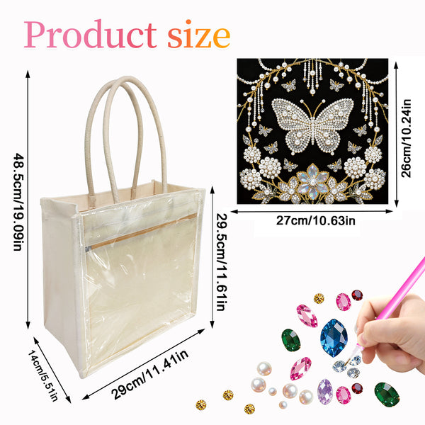 Product size chart with a tote bag, diamond painting design, and diamond stickers.