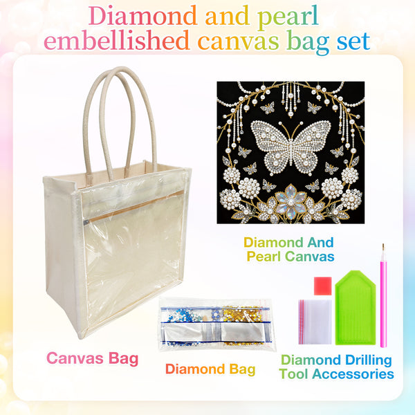 A canvas bag embellishment set shown on a white background with pastel rainbow corners. The set includes a clear vinyl canvas tote bag with cream handles, a black canvas panel featuring a jeweled butterfly and floral design labeled 'Diamond And Pearl Canvas,' a small 'Diamond Bag' packet, and 'Diamond Drilling Tool Accessories' including a green tray, white and pink rods, and a pink pencil.