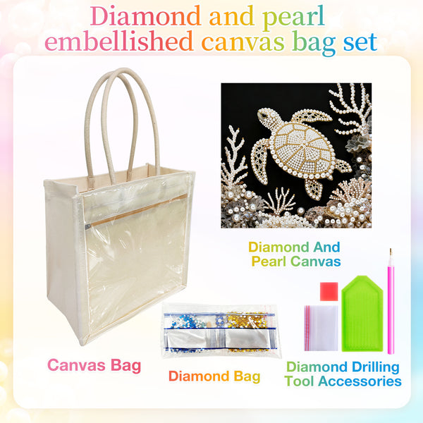 A canvas bag embellishment set with a clear plastic tote bag, a diamond bag of rhinestones, and diamond drilling tool accessories, with an inset showing a decorated sea turtle design on black fabric.