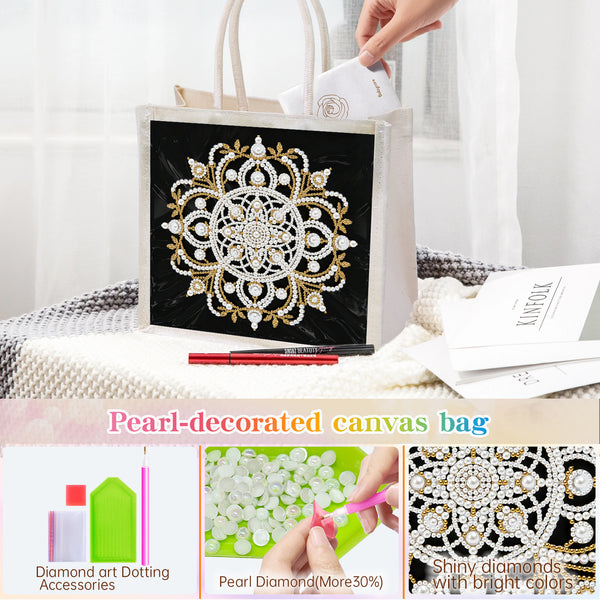 A pearl-decorated canvas diamond painting bag with a black background and a large white and gold mandala design, shown on a table with a hand holding one handle. The image includes text overlays and three informational panels at the bottom showing accessories, pearl diamonds, and a close-up of the design.