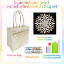 Diamond and pearl embellished canvas bag set featuring a clear canvas tote bag with cream handles, a black square showing a diamond and pearl floral mandala design, a small diamond bag, and diamond drilling tool accessories on a pastel rainbow background.