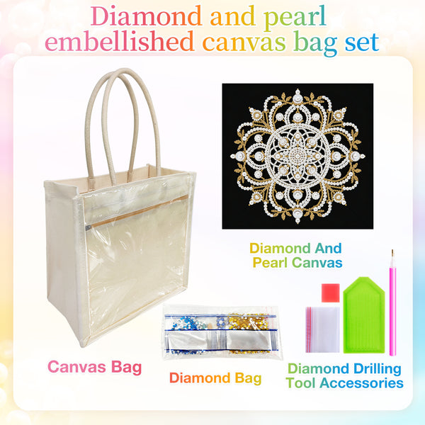 Diamond and pearl embellished canvas bag set featuring a clear canvas tote bag with cream handles, a black square showing a diamond and pearl floral mandala design, a small diamond bag, and diamond drilling tool accessories on a pastel rainbow background.