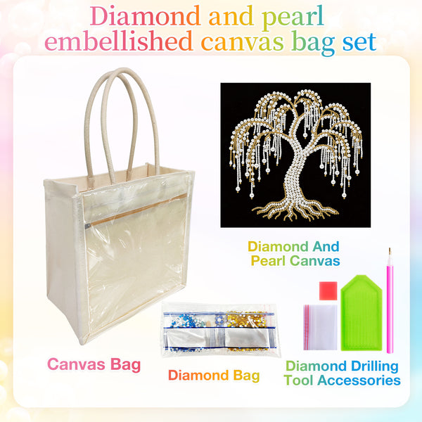 Diamond and pearl embellished canvas bag set featuring a clear vinyl canvas tote bag with cream handles, a black diamond tree jewelry kit, a diamond bag of rhinestones, and diamond drilling tool accessories on a pastel rainbow background.
