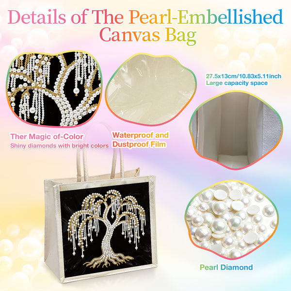 Pearl-embellished canvas bag with close-up details on a colorful background