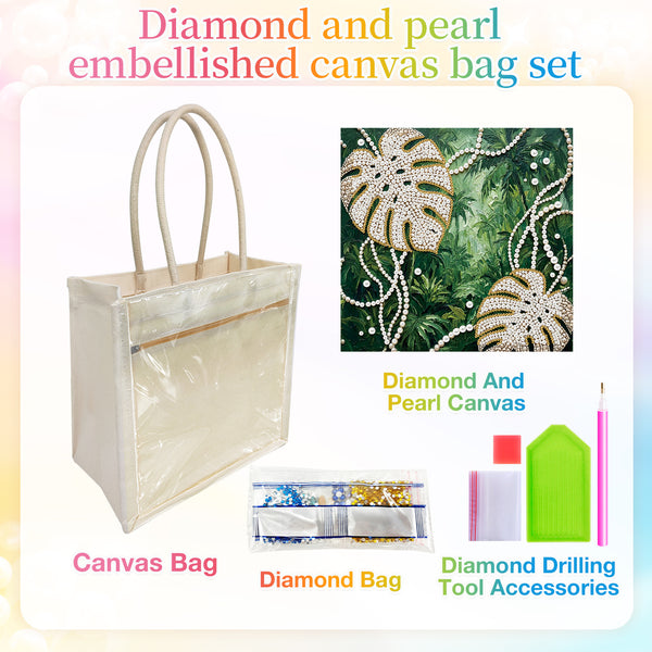 Diamond and pearl embellished canvas bag set featuring a clear PVC canvas tote bag with cream handles, a green tropical monstera leaf rhinestone embellishment sample, diamond bag accessories, and text labels on a pastel gradient background.