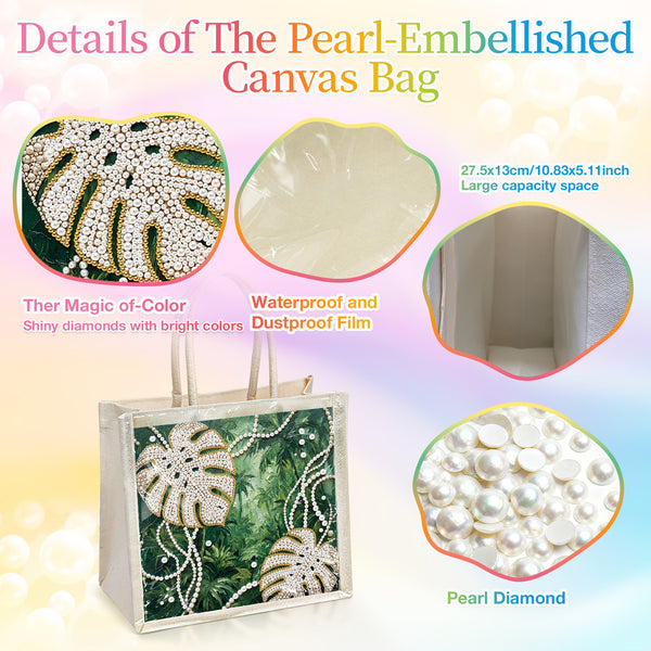 Pearl-embellished canvas bag with detailed features on a colorful background