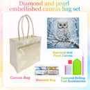 Diamond and pearl embellished canvas bag set featuring a clear plastic canvas tote bag with cream handles, a diamond bag, diamond drilling tool accessories, and a decorative diamond painting canvas of an owl on a snowy branch.
