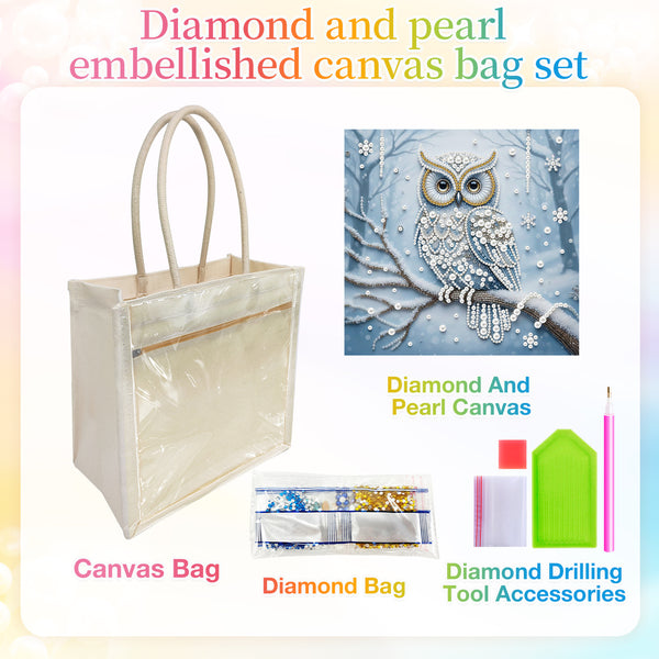 Diamond and pearl embellished canvas bag set featuring a clear plastic canvas tote bag with cream handles, a diamond bag, diamond drilling tool accessories, and a decorative diamond painting canvas of an owl on a snowy branch.