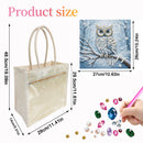 Product size diagram showing a clear plastic tote bag with beige handles, labeled dimensions of 29cm by 48cm, alongside a small owl-themed decorative artwork and a hand placing rhinestones.