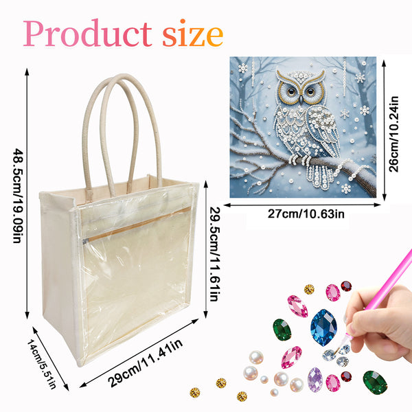 Product size diagram showing a clear plastic tote bag with beige handles, labeled dimensions of 29cm by 48cm, alongside a small owl-themed decorative artwork and a hand placing rhinestones.
