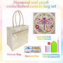 Diamond and pearl embellished canvas bag set featuring a clear plastic canvas tote bag with cream handles, a decorative dragonfly canvas design, a diamond bag, and diamond drilling tool accessories on a pastel gradient background.