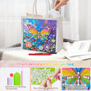 A clear canvas shopping bag decorated with a colorful diamond painting design of a butterfly and flowers, shown with a hand placing a white bag inside it. The image includes text overlays and three detail panels at the bottom explaining the diamond art dotting accessories, pearl diamonds, and the finished butterfly design.
