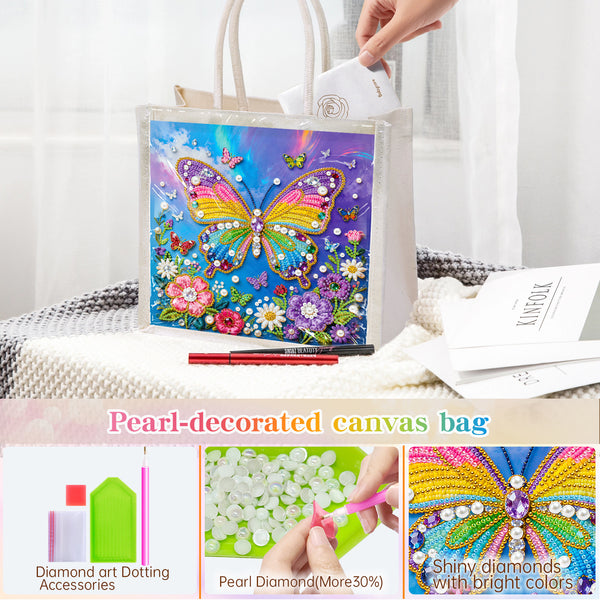 A clear canvas shopping bag decorated with a colorful diamond painting design of a butterfly and flowers, shown with a hand placing a white bag inside it. The image includes text overlays and three detail panels at the bottom explaining the diamond art dotting accessories, pearl diamonds, and the finished butterfly design.
