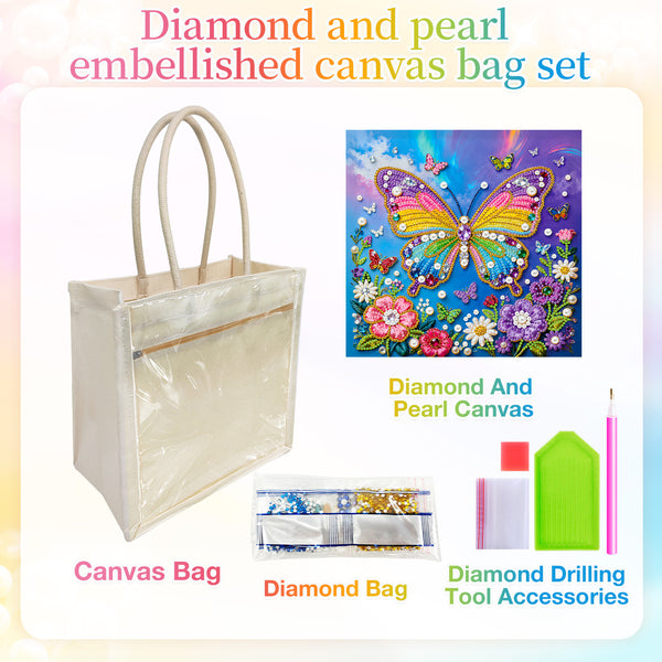 Diamond and pearl embellished canvas bag set featuring a clear, semi-transparent canvas tote bag with beige handles, a colorful butterfly diamond painting canvas, diamond bag embellishments, and diamond drilling tool accessories on a pastel gradient background.