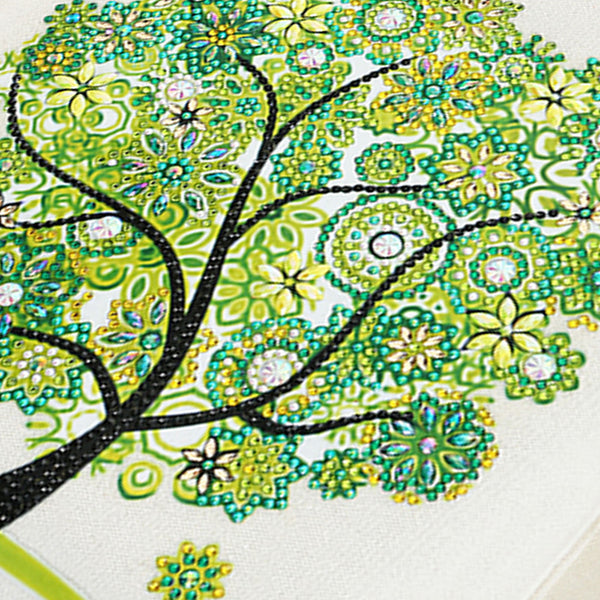 A close-up of a decorative tree design with black branches and dense green, yellow, and turquoise floral patterns on a white background.