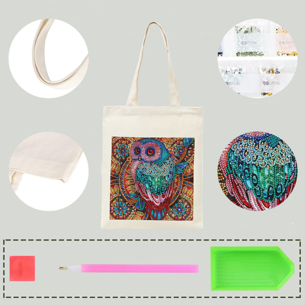An off-white canvas tote bag with a colorful, detailed owl design on the front, shown alongside circular detail insets of its fabric construction and a diamond painting kit including a pink needle, a green tray, and a red square on a light gray background.