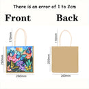 Front and back dimensions of a canvas tote bag shown on a white background, with text stating there is an error of 1 to 2cm. The front view shows a colorful floral and butterfly print, and the back view shows a plain tan canvas surface.