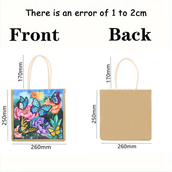 Front and back dimensions of a canvas tote bag shown on a white background, with text stating there is an error of 1 to 2cm. The front view shows a colorful floral and butterfly print, and the back view shows a plain tan canvas surface.