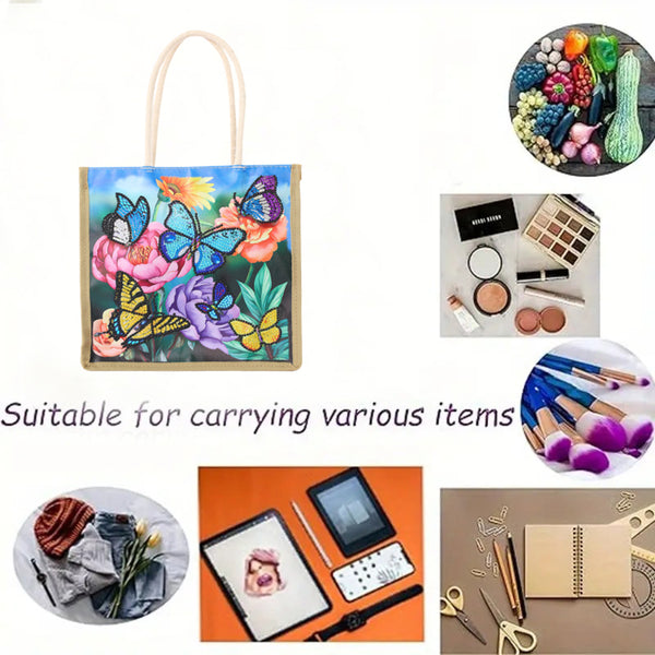 A canvas tote bag with a colorful butterfly and flower print is shown in a collage layout, with text reading 'Suitable for carrying various items' and several small circular inset photos showing different items it can hold, including fruit, cosmetics, clothing, a tablet, and stationery.