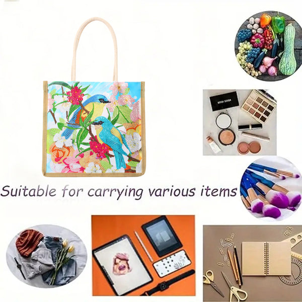 A tote bag with a colorful tropical bird and floral print on a white background, surrounded by small inset images showing it carrying various items such as fruit, cosmetics, clothing, and stationery. Text on the image reads 'Suitable for carrying various items'.